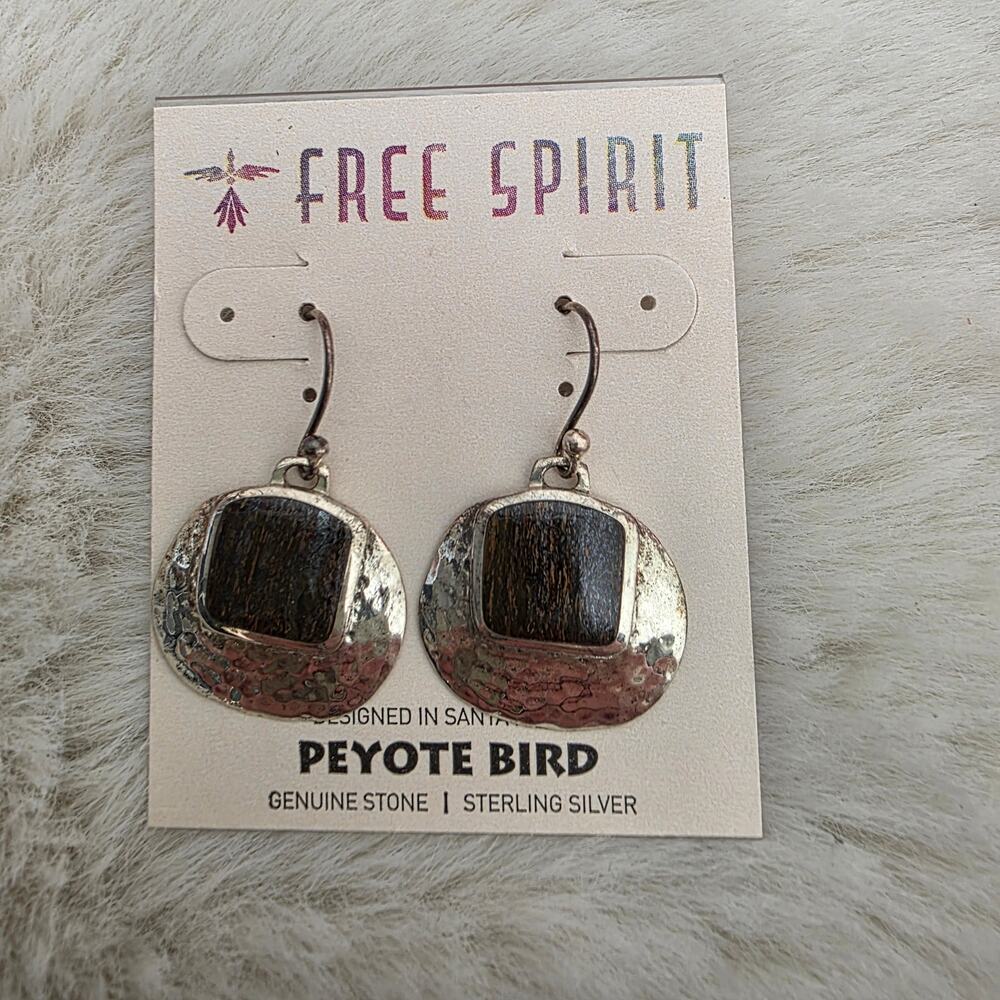 Peyote Bird Free Spirit Sterling Silver Hammered Wood Square Dangle Earrings